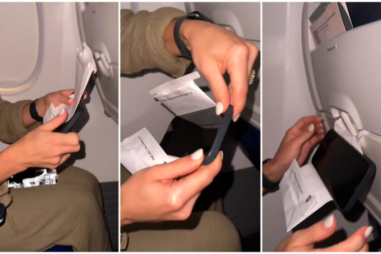 Они создают опору для iPhone из бумажного пакета, который лежит в сиденьях самолета.